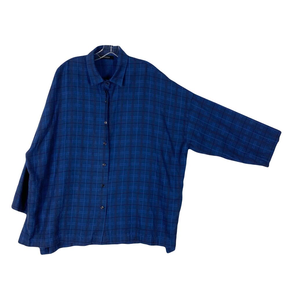 NWOT BLANQUE Shirt Tunic O/S Blue Plaid Long-Slv SlitSide Button Cotton Tencel